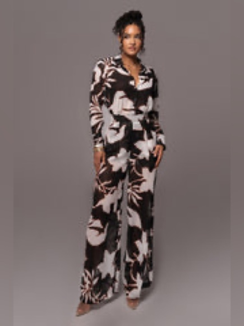 Ivory Floral Between Us Printed Button Up and Stay For A While Printed Trousers